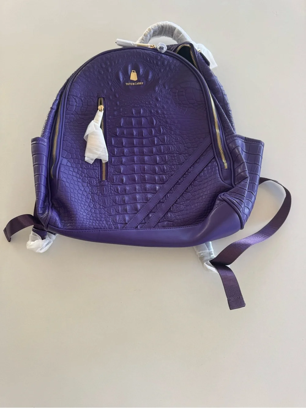Tote&Carry Purple Croc Embossed Backpack Duffle Bag Set Weekender Travel NWT